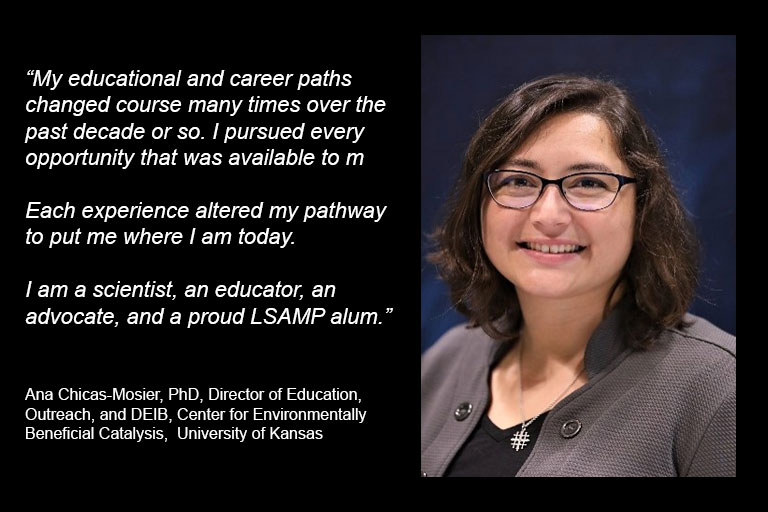 Picture of Dr. Ana Chicas-Mosier with quote about her STEM pathways. Pictured is Dr. Mosier.